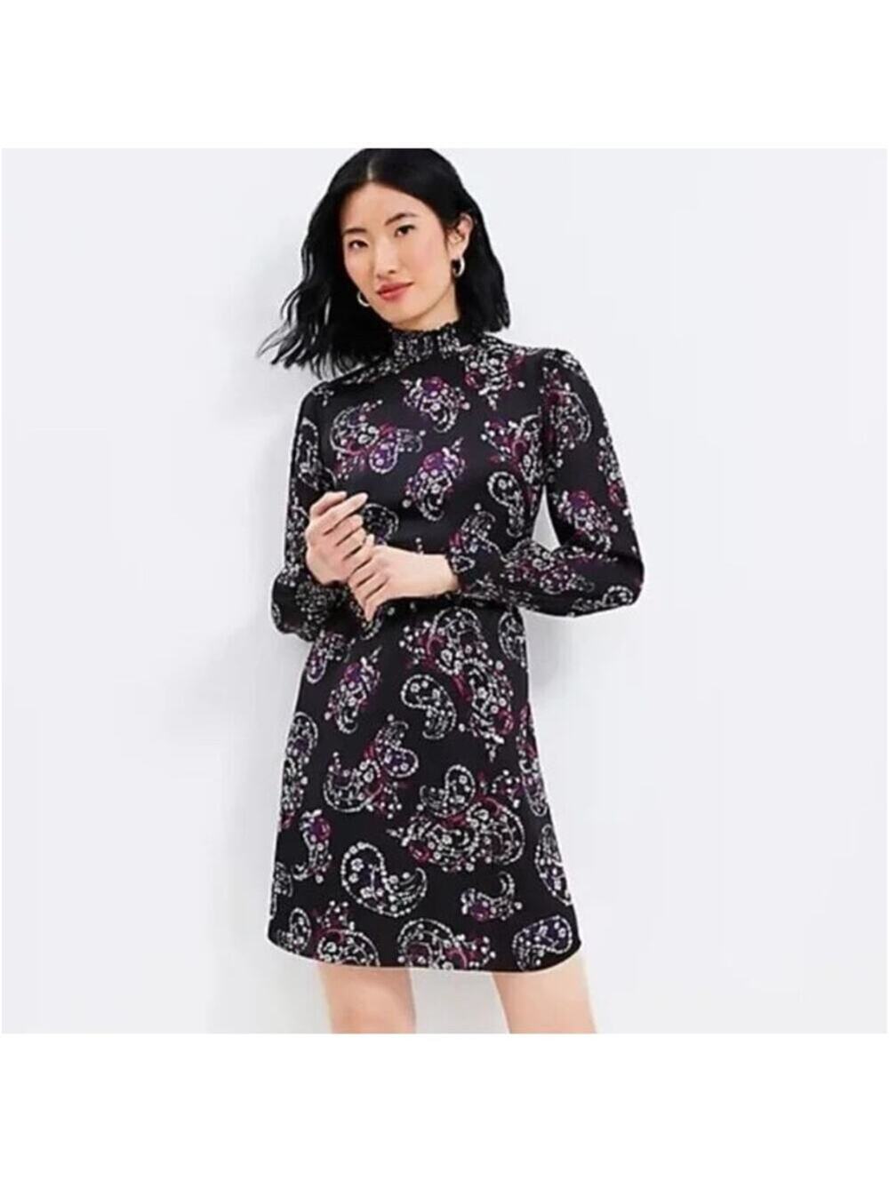 Loft NWT Women's Paisley Smocked Flare Dress Black Size 8